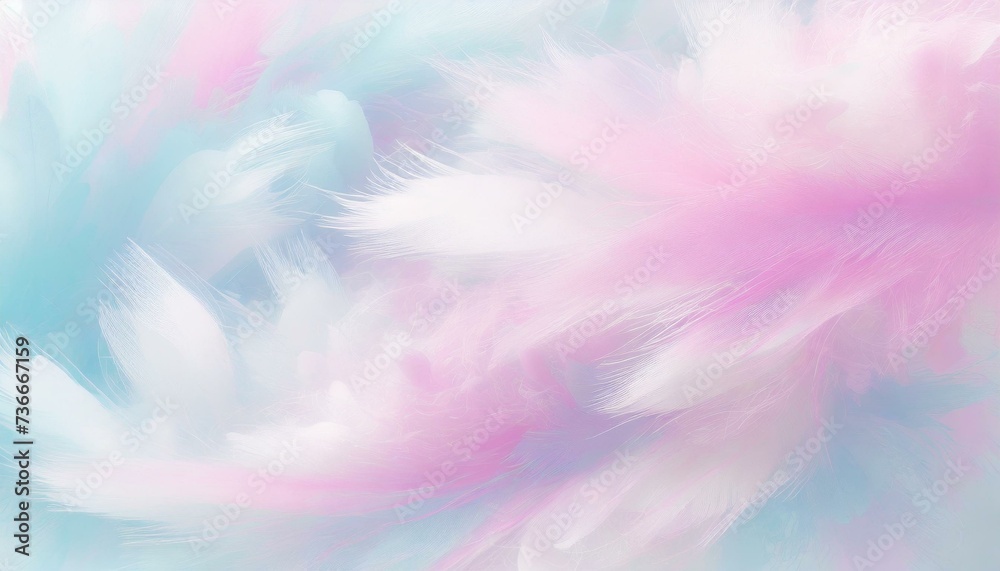 Horizontal background with fluffy pastel feathers of light pink and blue colors