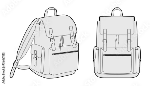Adventure backpack silhouette bag. Fashion accessory technical illustration. Vector schoolbag front 3-4 view for Men, women, unisex style, flat handbag CAD mockup sketch outline isolated photo