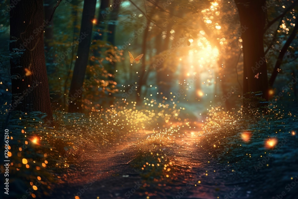 Magical woodland at dusk, illuminated by fireflies, showcasing the enchantment and beauty of natural landscapes