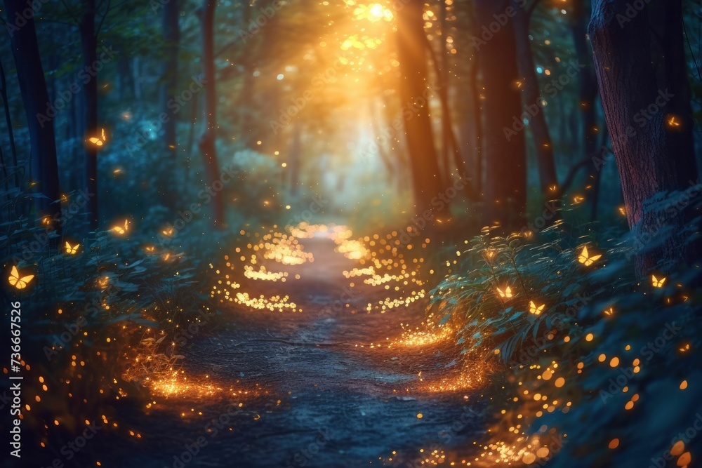 Firefly-lit enchanted forest scene at twilight, evoking wonder and the pristine beauty of nature