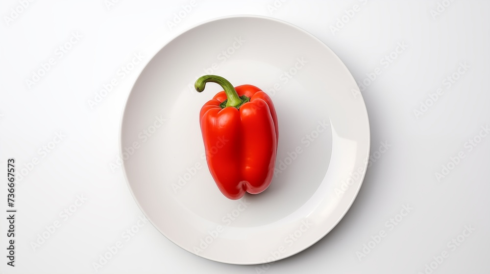 A pepper positioned on a circular white plate against a white background, seen from above