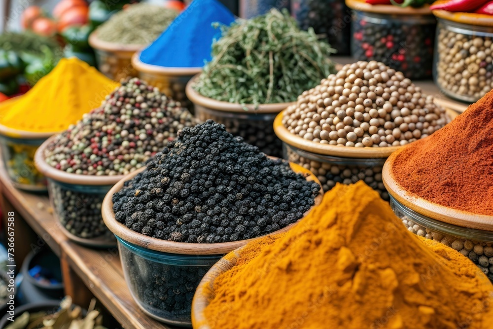 Colorful and textured showcase at an exotic spice and herb market, enticing culinary discovery and cultural immersion