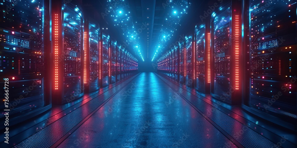 Next-gen data center, servers in rows depicting the pinnacle of technological advancement and data safeguarding