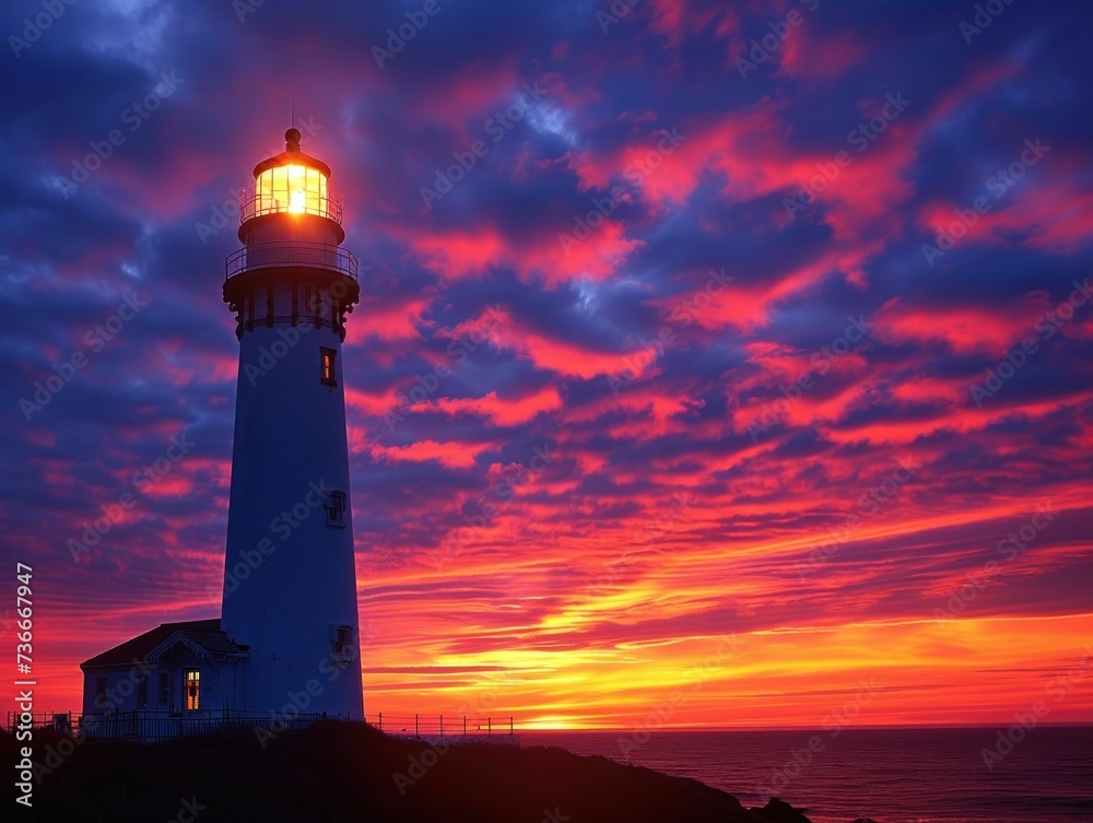 Historic lighthouse at twilight, guiding light against a dramatic sky, symbolizing guidance and safety