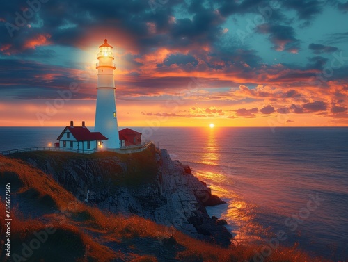 Twilight setting for a historic lighthouse, its light a beacon against the backdrop of a striking sky, representing safety and direction © Kanisorn