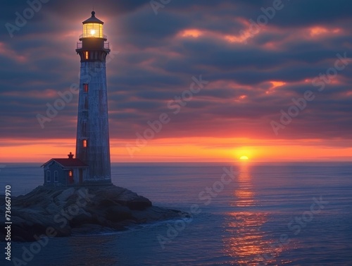 Lighthouse at dusk, serving as a navigational aid and symbol of security, set against a captivating sky