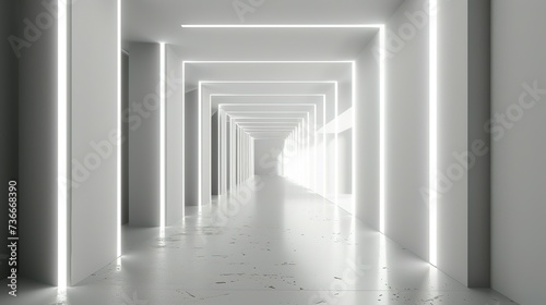 White background 3D room light abstract space technology tunnel stage floor. Empty white future 3D neon background studio futuristic corridor render modern interior silver road black wall design gray