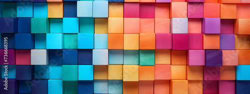 Wall of colored wooden cubes, wide banne