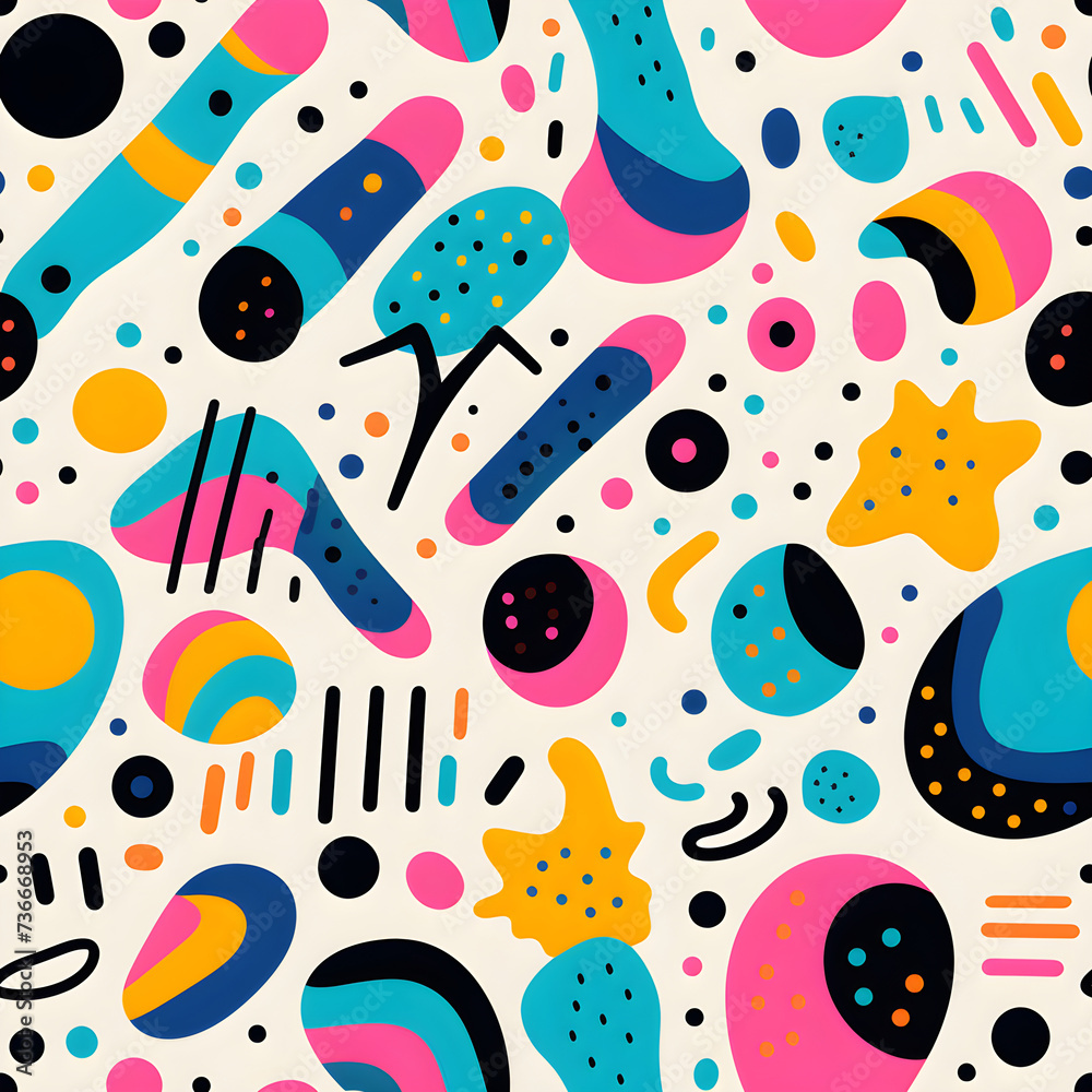 Minimalistic pattern with lines and geometric shapes. Fashionable colorful simple background, wallpaper texture design for children, birthday
Minimalistic pattern with lines and geometric shapes. Fashionable colorful simple background, wallpaper texture design for children, birthday