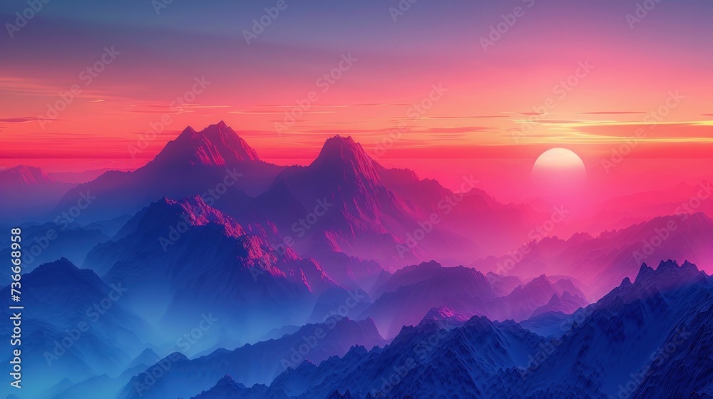 Scenic mountain landscape at dawn, vibrant colors and dramatic light, symbolizing adventure and exploration