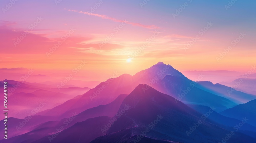 Vibrant dawn light over scenic mountains, offering a dramatic and colorful vista that beckons adventurers and explorers