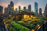 Urban rooftop garden, an oasis demonstrating sustainable living practices amidst the concrete jungle of skyscrapers