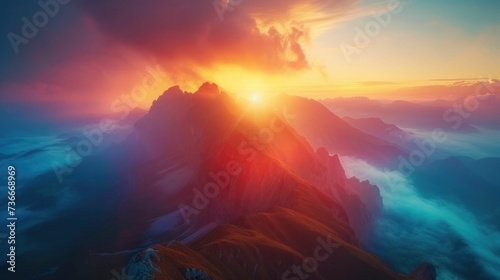 Mountainous terrain at sunrise, a scene rich in vibrant colors and captivating lighting, inviting exploration and adventure