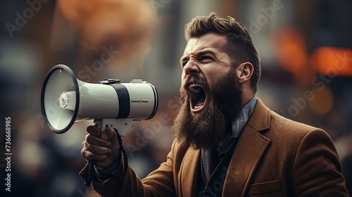 a man with a beard yelling into a megaphone