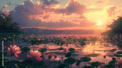 Dawn's light reveals a peaceful lotus pond, symbolizing cleanliness, revival, and the enchanting tranquility of quiet moments