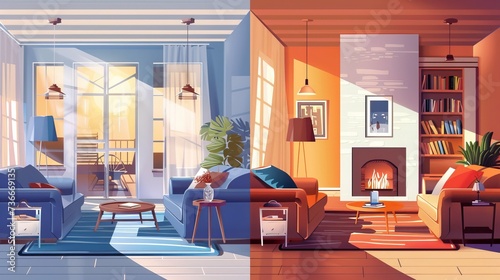Vector illustrations depict the modern interiors of two distinct comfortable flats, a variety of furniture, decoration items, sofas with cushions, lighting fixtures, chimneys, and window types photo