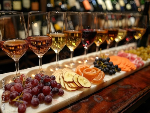 Sophisticated wine tasting event, elegant glassware and diverse selections emphasize the art of viniculture