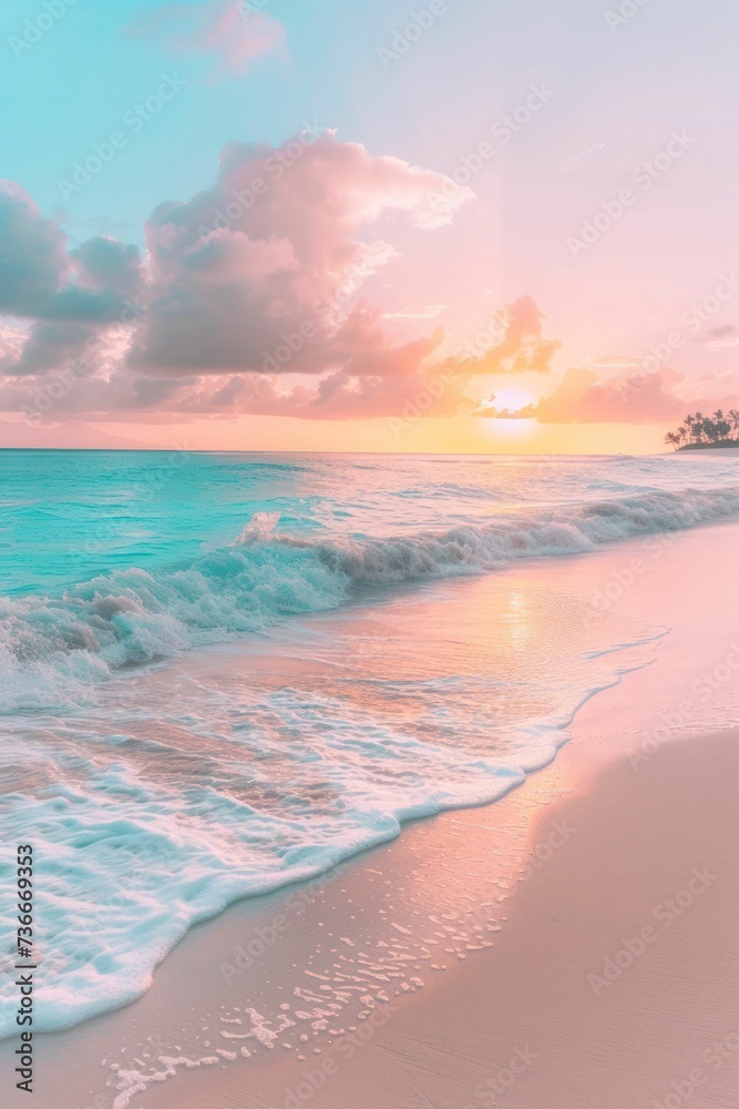 Tranquil beach at sunrise, soft pastel colors and serene atmosphere, emphasizing peace and renewal