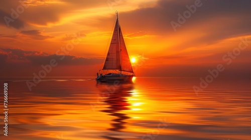Sunset sailing adventure, yacht on horizon with golden light on water, sense of freedom
