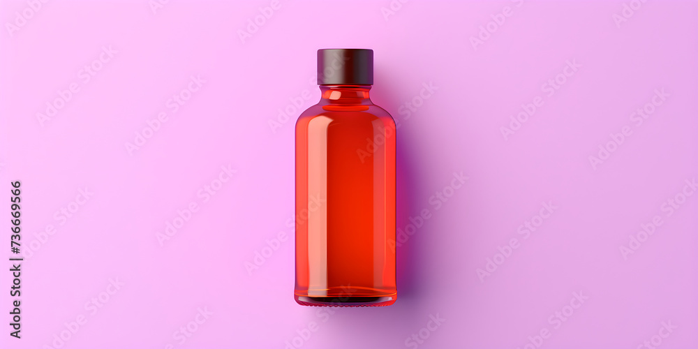 Glass bottle with dark cap on a monochrome pink background Glass bottle with dark cap on a monochrome pink background