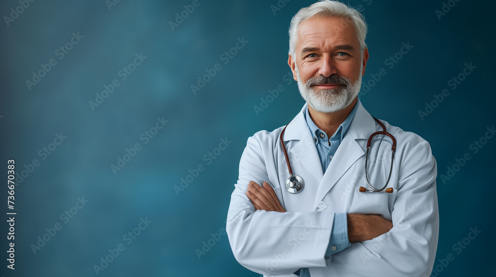 Portrait of a doctor with stethoscope isolated on a blue background - obrazy, fototapety, plakaty 