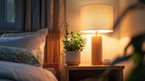 A small lamp softly glowing on a nightstand in a dimly lit bedroom