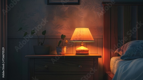A small lamp softly glowing on a nightstand in a dimly lit bedroom photo
