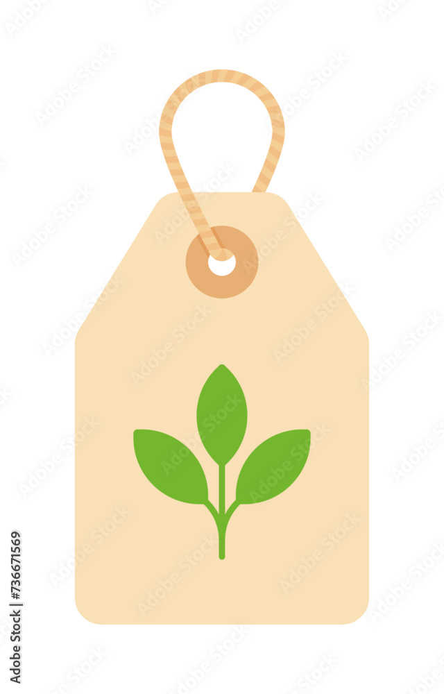 A beige price tag with a green plant symbol in flat vector illustration style, symbolizing the importance of purchasing eco-friendly and sustainable products