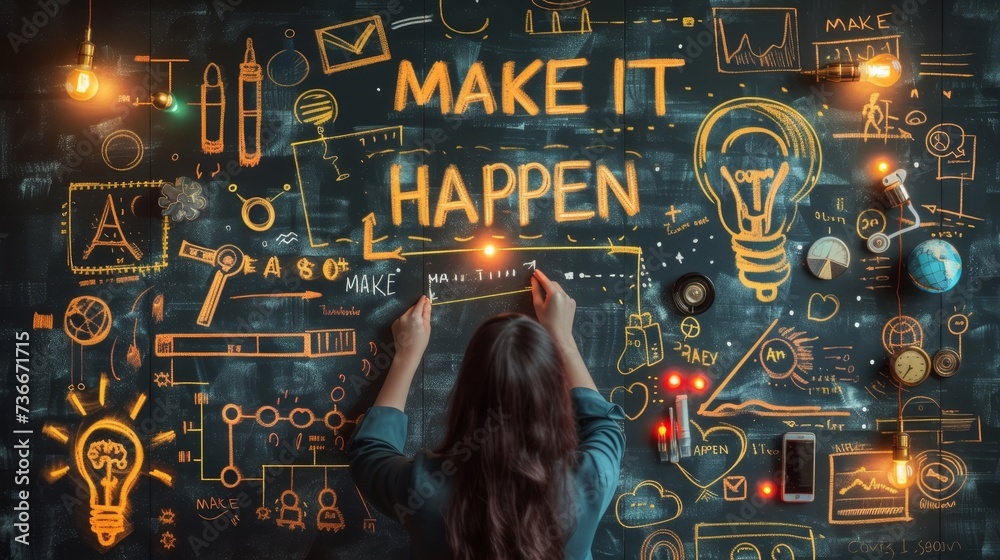 Motivational success concept  woman holding sign saying  make it happen  on blurred background. - obrazy, fototapety, plakaty 