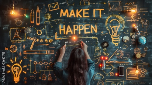 Motivational success concept woman holding sign saying make it happen on blurred background.