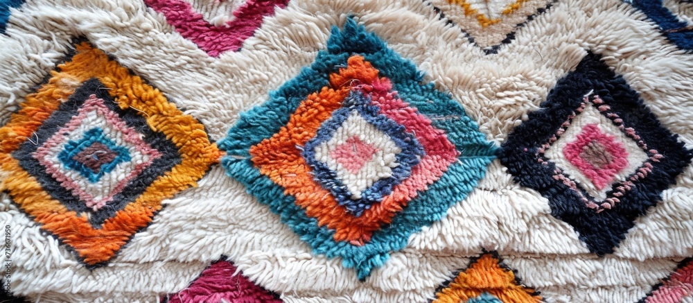 Wool carpet with geometric pattern, handmade in Morocco, Africa.