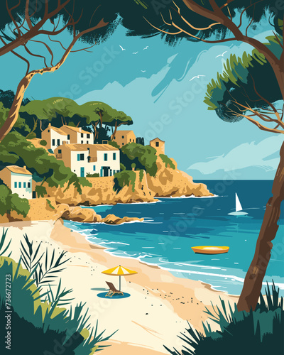 A Mediterranean beach landscape, coastal village, sunbathers, and sailboats against lush foliage and clear skies, Cover Design