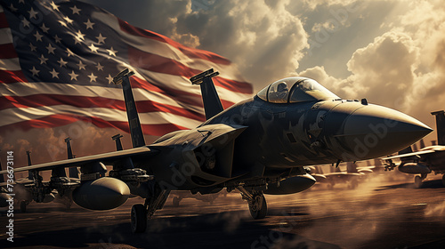 A fighter jet with an American flag on the background, depicting bravery, freedom and patriotic.