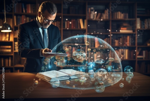 a man in a suit looking at a book