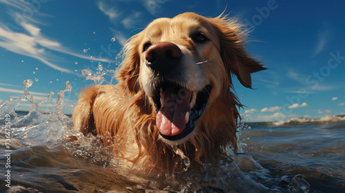 Close up of an unusually beautiful and cuddly golden retriever happy and mischievous in his play at sea in the shallows