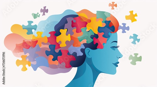 Illustation of young woman's head filled with multicolored puzzle pieces representing complex thinking and autism mental health concept © NoLimitStudio