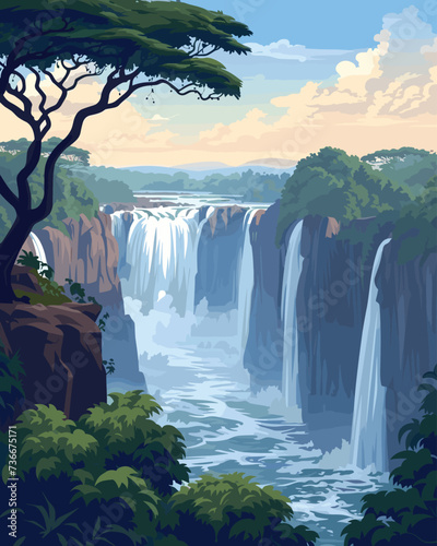Vector Poster of Victoria Falls Zambia with a blue sky in the background, Cover Design