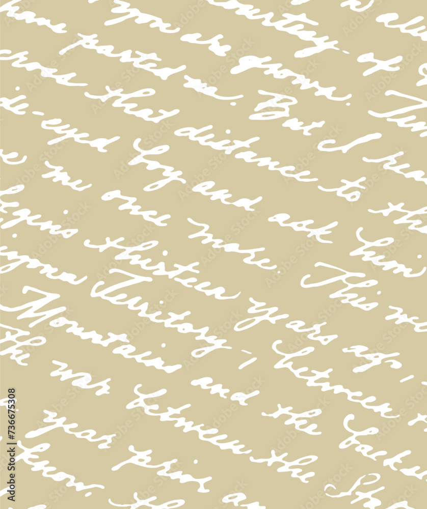 Old manuscript letter.Vintage handwriting calligraphy texture.English vector retro white ink-written text.Beige paper background.Scrapbook design pattern template.Lettering.Words.Letters art.