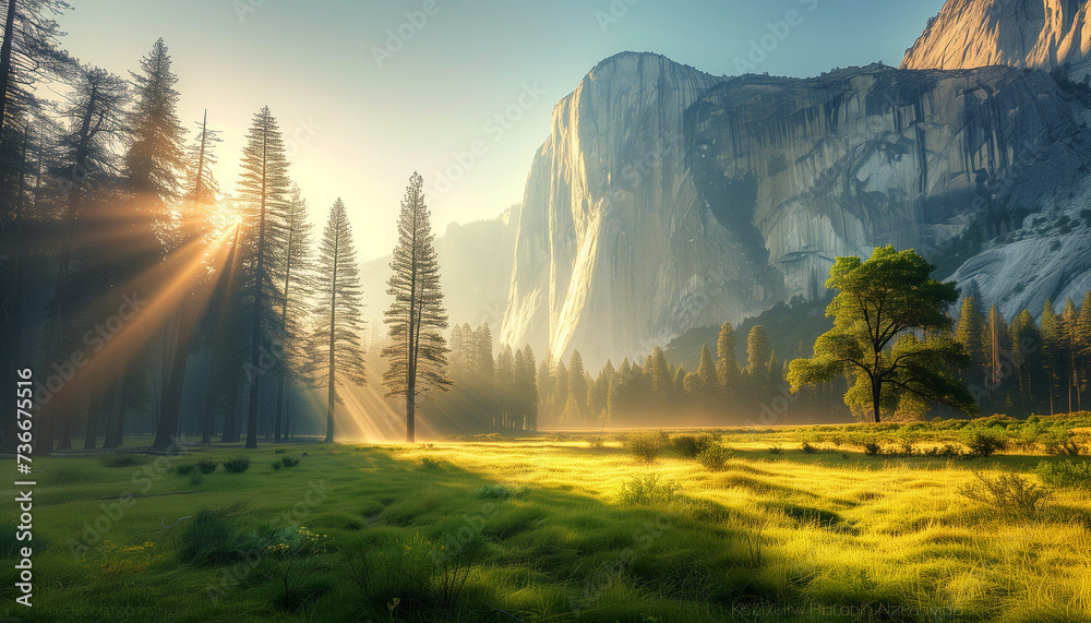 Yosemite National Park with sunrays piercing through the trees onto the misty grassland against the backdrop of a towering mountain cliff - obrazy, fototapety, plakaty 