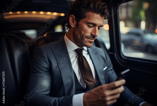 a man in a suit looking at his phone
