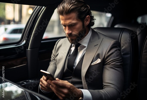 a man in a suit and tie looking at his phone © ion