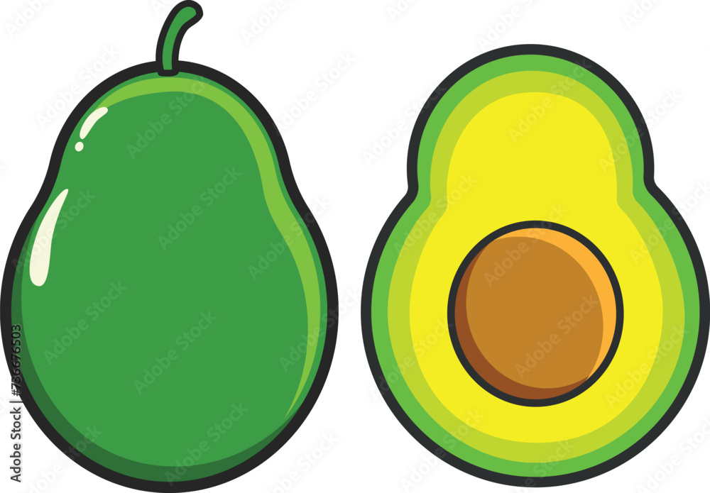 Set of fresh avocado, whole and half sliced isolated on white ...