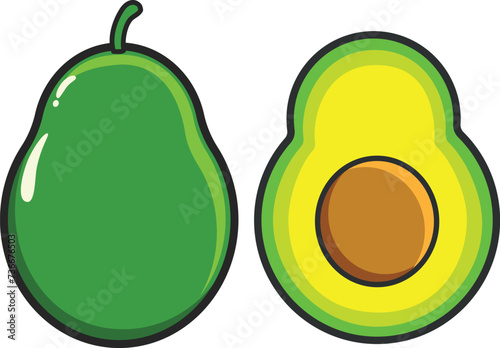 Set of fresh avocado, whole and half sliced isolated on white background. Vector illustration for design packaging, cover, print, banner, poster, clipart, sticker, icon, mascot, logo.