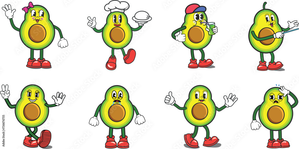 Fototapeta premium Set of funny avocado retro cartoon illustration with different pose and emotion. Slice avocado character Drinking juice, giving thumb up, serving dishes and hungry expression.