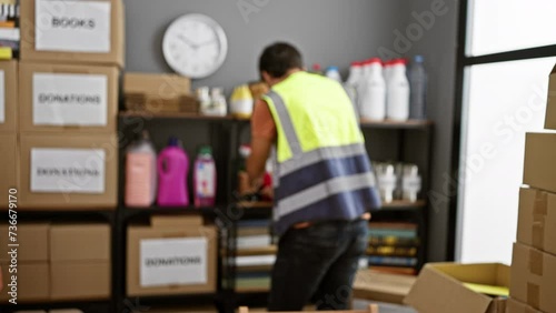Volunteer man organizing food donations in cans and bottles inside a charity warehouse with boxes and shelves photo