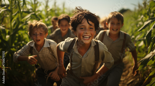 A young boy and his friends running through a field of corn on a sunny day