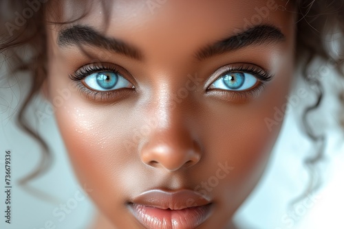 Beautiful Face of black Woman cosmetic closeup beauty portrait healthy care skin and hair over white color background.