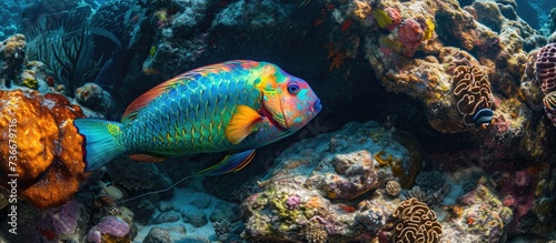 Vibrant Parrotfish eating on a reef