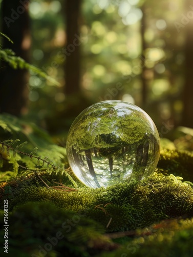 crystal globe on moss in a forest, realistic, HD, copy space - generative ai