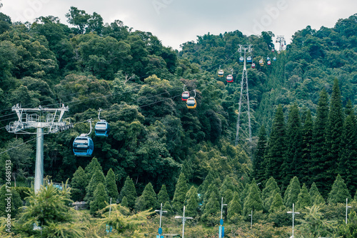 The cable cars with supports of truss and tower driven by solar and electrical energy, Sun Moon Lake, Taiwan.